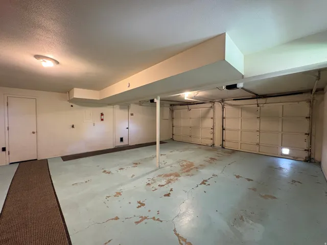 Spacious two-car garage featuring panel doors and overhead lighting