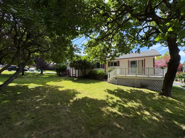 Expansive front yard with mature trees providing natural shade
