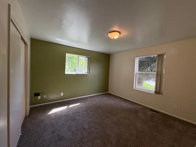 Room featuring carpeting, two windows providing natural light, a ceiling-mounted light fixture, and a sliding closet door