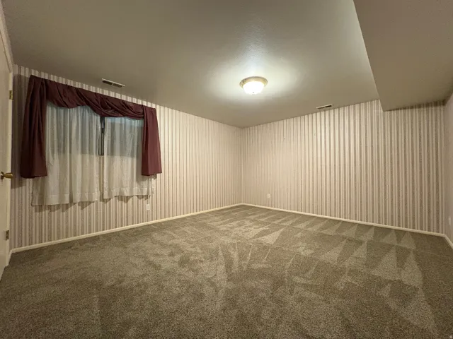 Carpeted interior room with striped wall covering