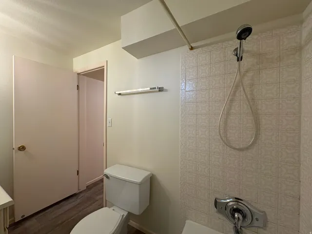 Bathroom featuring patterned shower tiling, white toilet, chrome fixtures, and wood-finish flooring