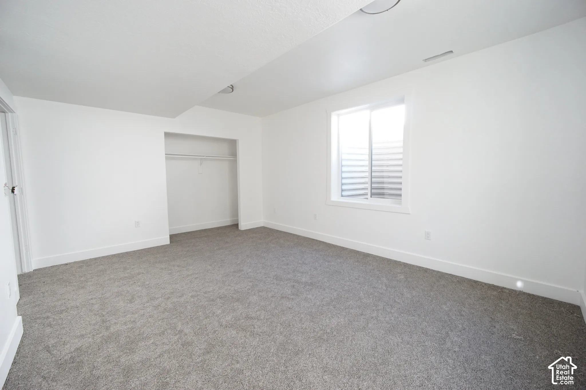 Neutral-toned carpet flooring, white walls, built-in open closet, and a single window with horizontal blinds