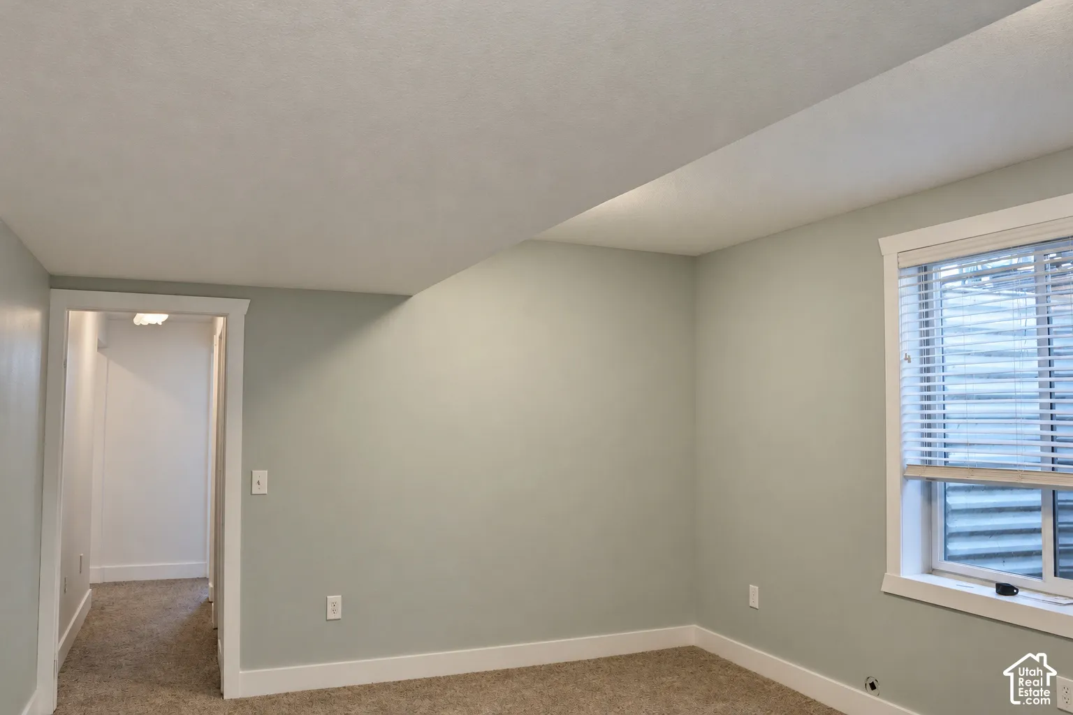 Carpeted flooring, light-colored wall paint, white trim, and a window with blinds