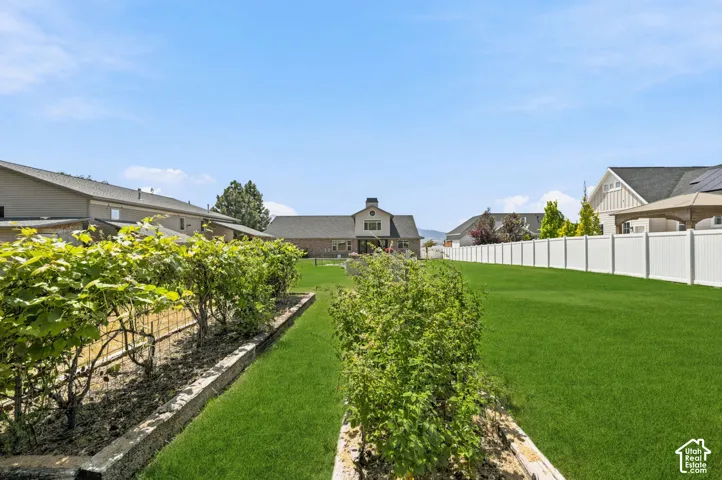 Expansive backyard featuring a lush lawn, two rows of established garden beds, and a full-height privacy fence