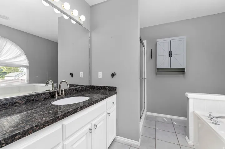 Primary Bedroom Suite Bathroom with Separate Shower and Jetted Tub, Vanity with dark speckled countertop, undermount sink, and brushed nickel faucet