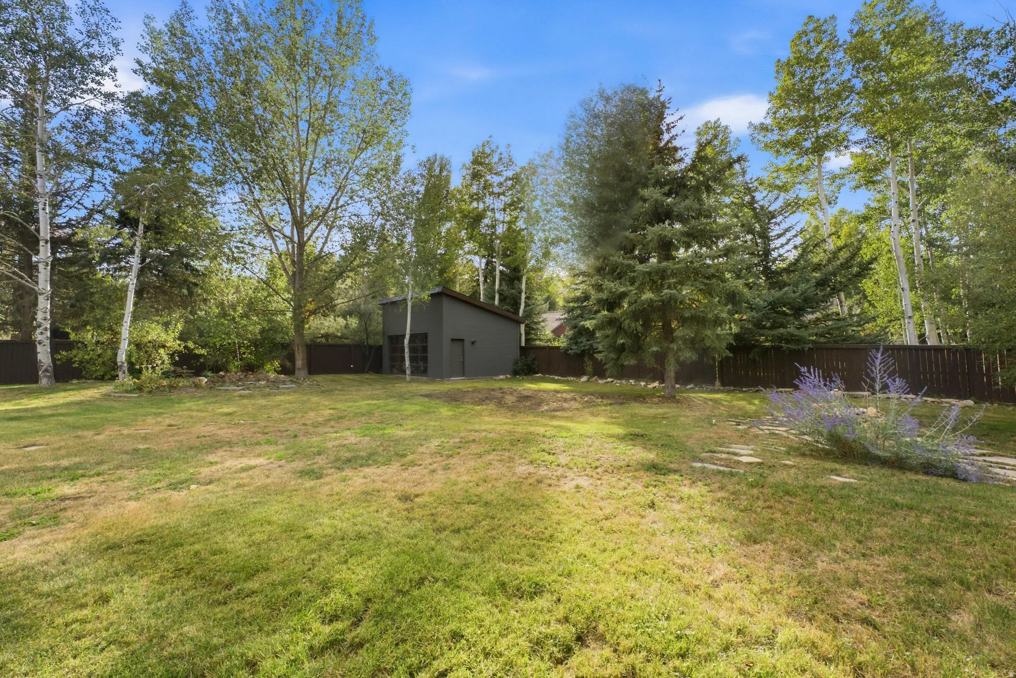 Expansive grassy area featuring mature trees and a contemporary outbuilding with a sloped roof