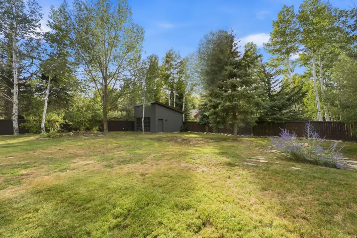 Expansive grassy area featuring mature trees and a contemporary outbuilding with a sloped roof