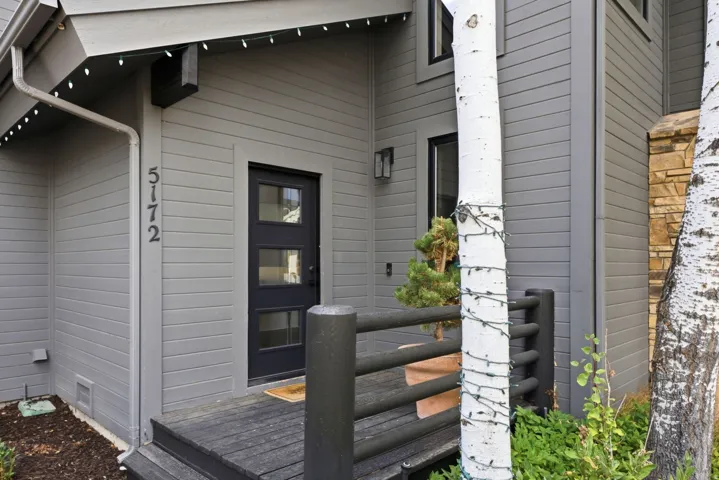 Modern exterior siding with dark trim, featuring a contemporary entry door with glass panels