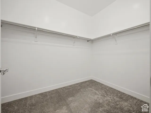 Walk-in closet featuring white walls, durable gray carpeting, and ample hanging rods