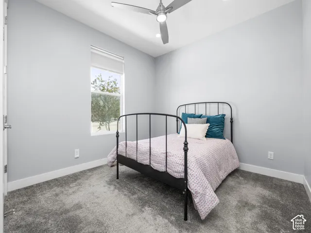 Neutral gray walls complement the textured gray carpet flooring