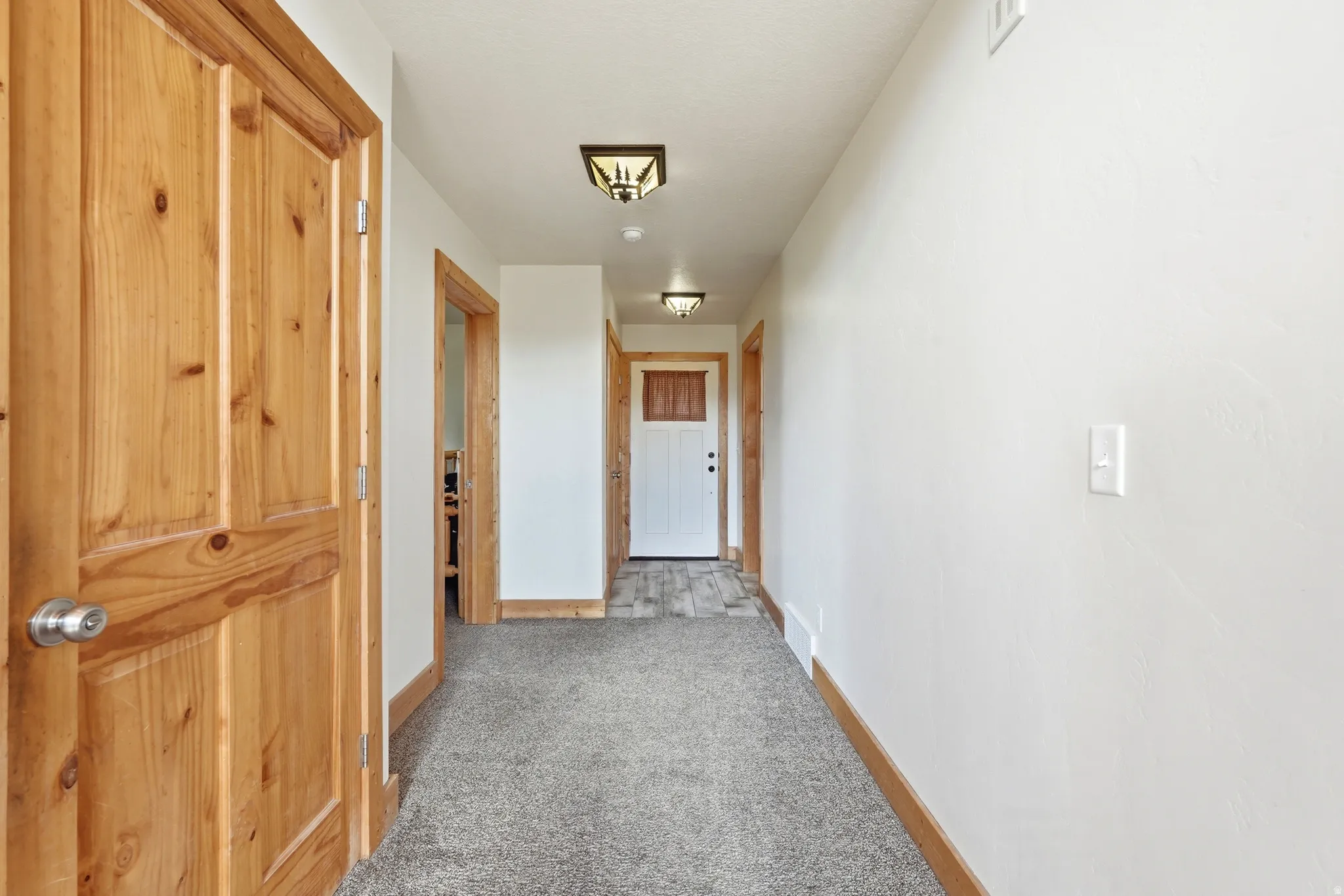 Carpeted hallway with wood-finish doors and trim, white walls, and flush-mount ceiling lighting