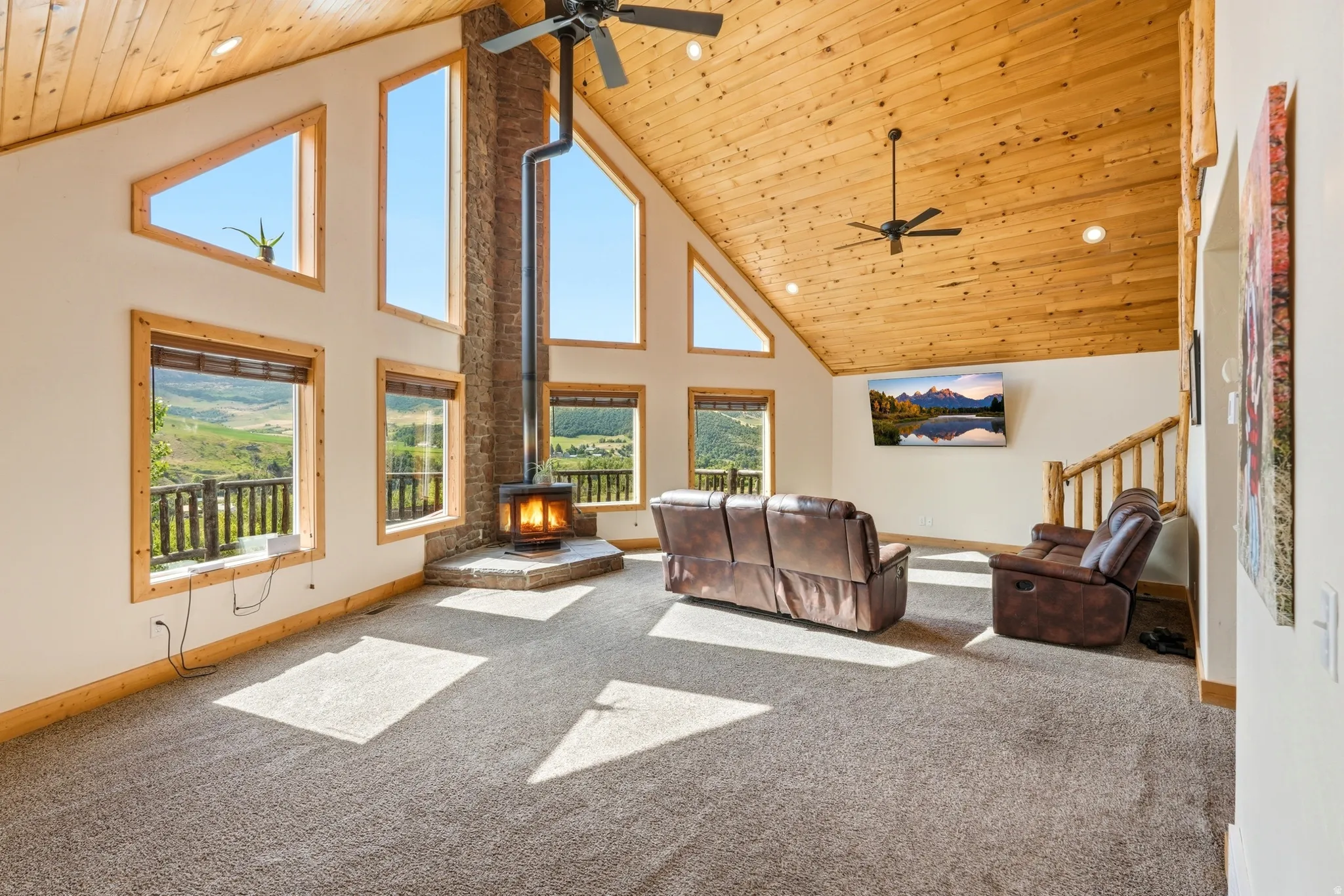 Vaulted wood-paneled ceilings with exposed beams