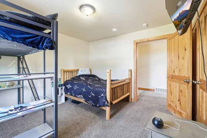 Spacious room featuring neutral-toned walls, plush carpeting, and natural wood doors with matching trim