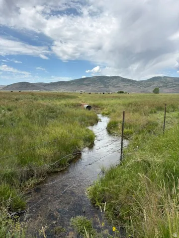 Pastoral landscape featuring a flowing creek, expansive grassy fields, distant mountains, and a clear sky with clouds