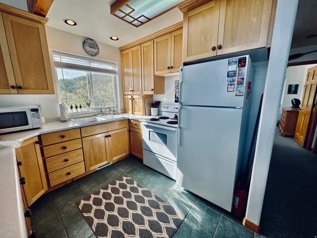 Kitchen featuring wood cabinetry, light countertops, and a double-basin sink with a window overlooking mature trees