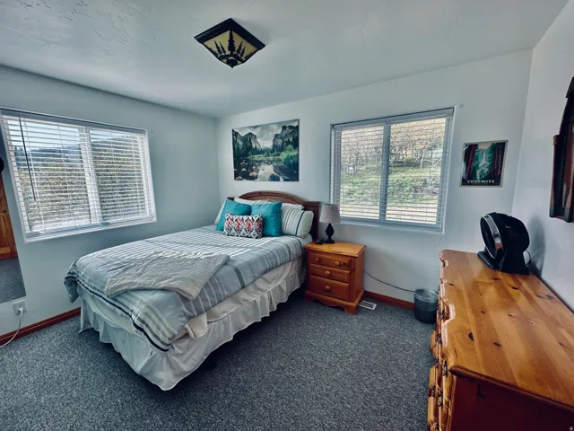 Carpeted room featuring white walls and two windows with horizontal blinds