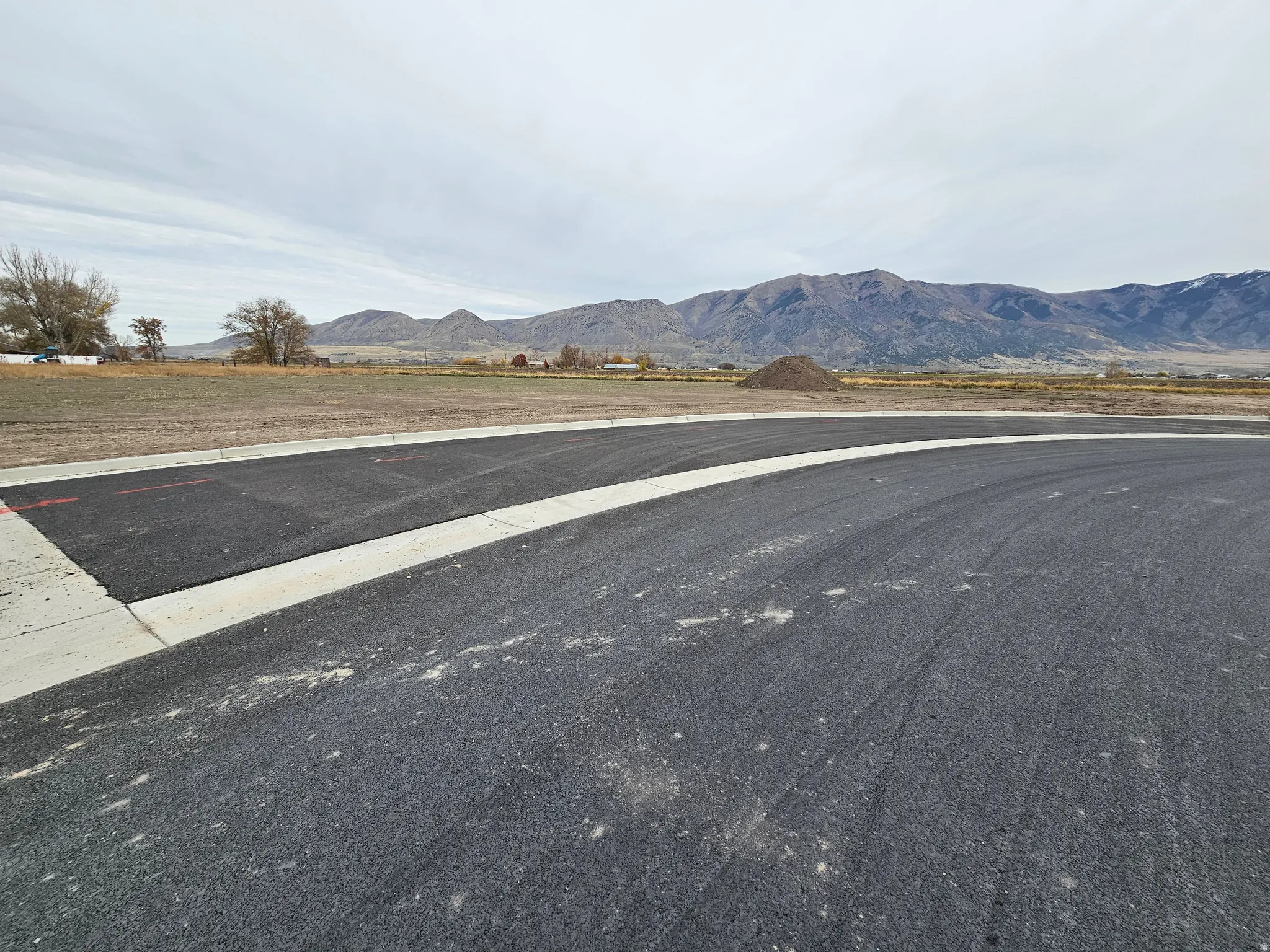 Paved asphalt road with a concrete curb, bordering an open, undeveloped land parcel