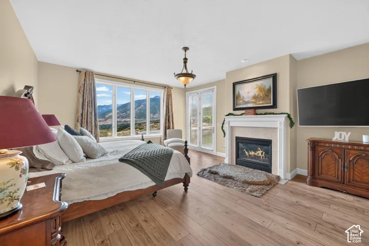 Spacious room featuring wood-finish flooring, a large multi-pane window with mountain scenery, a white-mantled fireplace with a light-toned surround, a ceiling-mounted light fixture, and double glass doors opening to the exterior