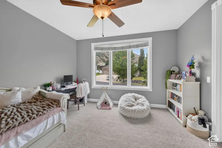 Room featuring a large window, neutral carpeting, and light gray wall paint