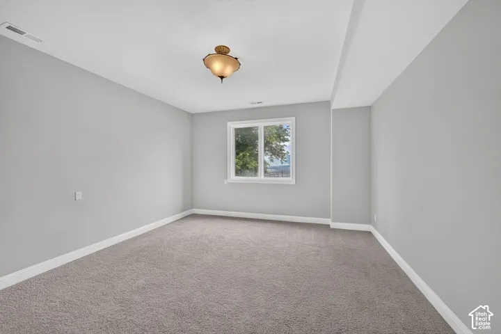 Carpeted room featuring light gray walls, a single window, white trim, and a ceiling-mounted light fixture