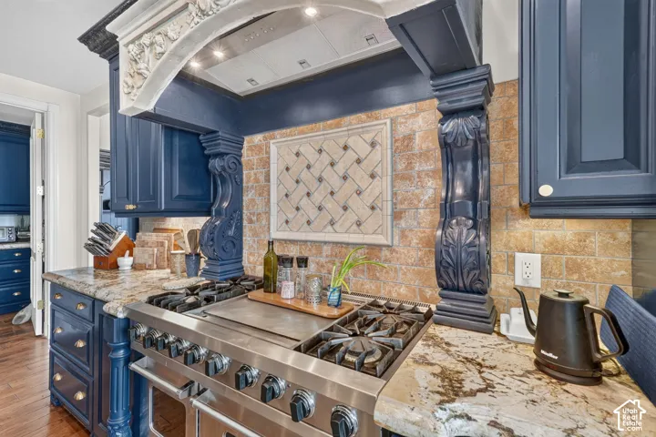 Gourmet kitchen featuring a professional-grade stainless steel range with multiple burners and griddle