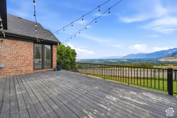 Spacious exterior deck with dark wood-finish planks and black metal railing