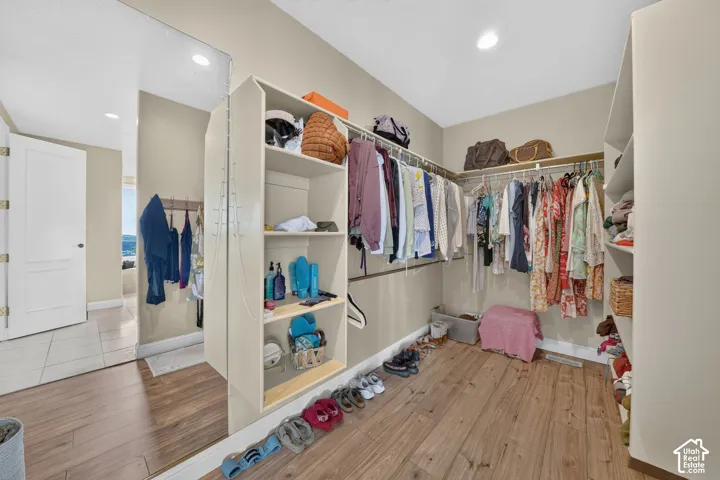 Spacious walk-in closet featuring wood-finish flooring, recessed lighting, and a full-length mirror