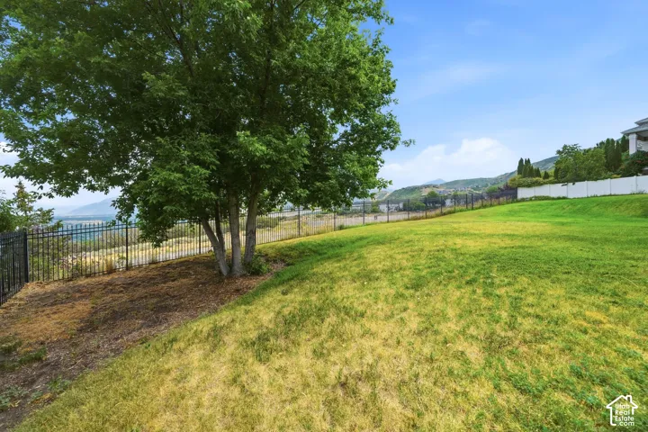 Expansive sloped lawn area with mature trees