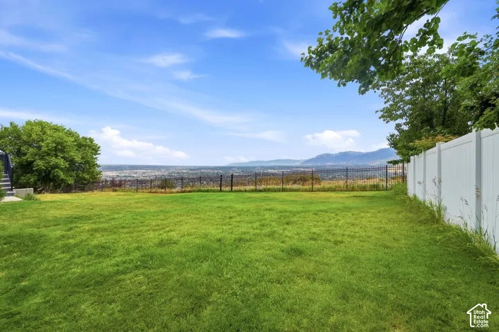 Expansive lawn area featuring a black metal fence, white privacy fence, and mature trees