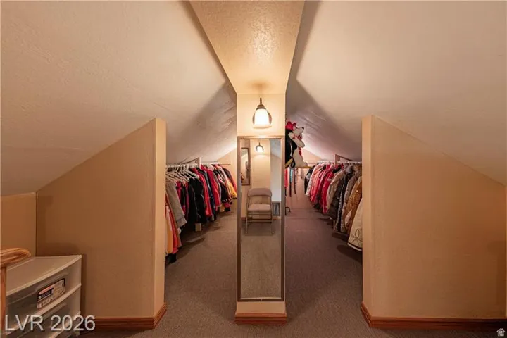 Attic space featuring sloped ceilings, carpeted flooring, and built-in clothes hanging rods