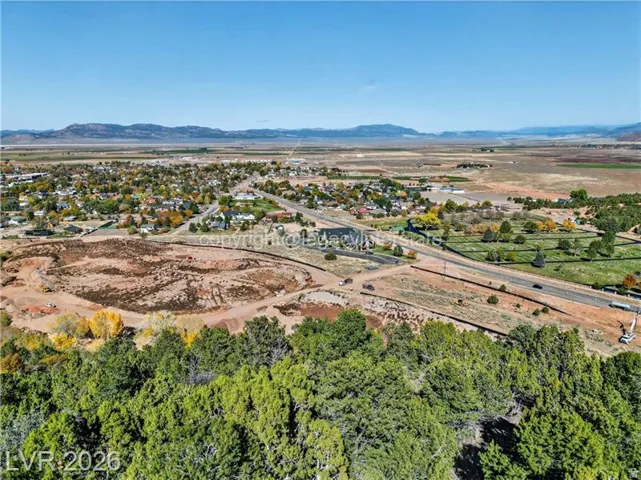 Expansive landscape featuring distant mountains, a developed town, and a foreground of green trees
