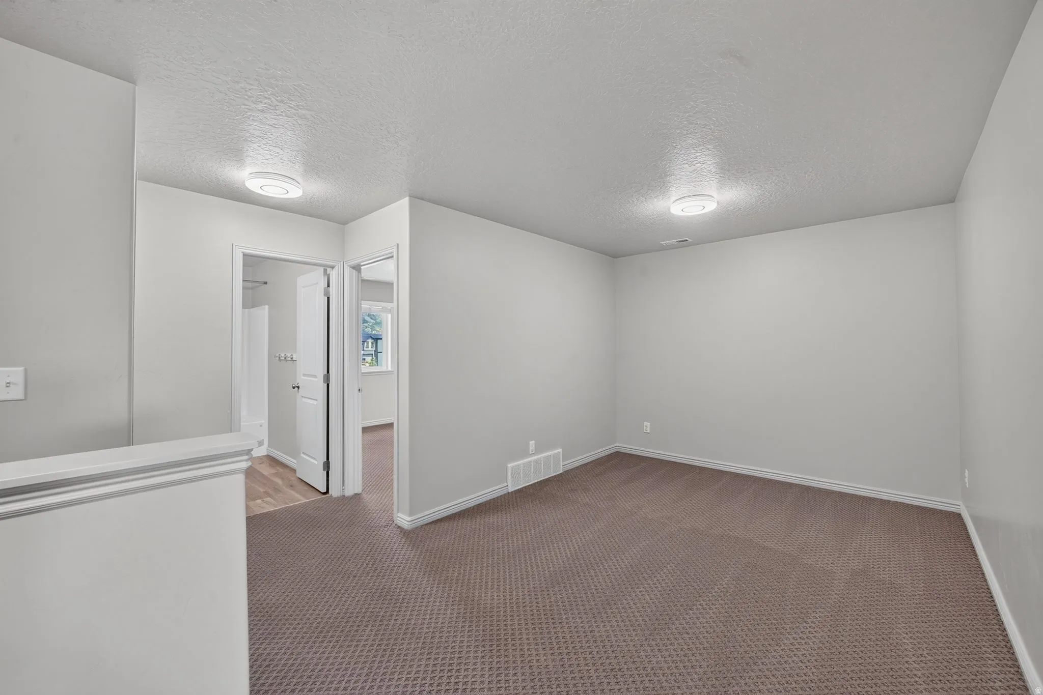 Spacious room featuring neutral carpeting, light gray wall paint, white trim, and a flush-mount ceiling light