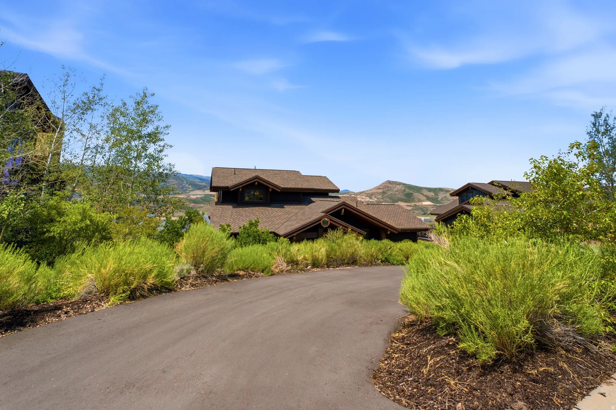 Paved driveway providing access to a multi-level property with dark brown roofing and natural wood siding, surrounded by mature landscaping and distant mountain scenery