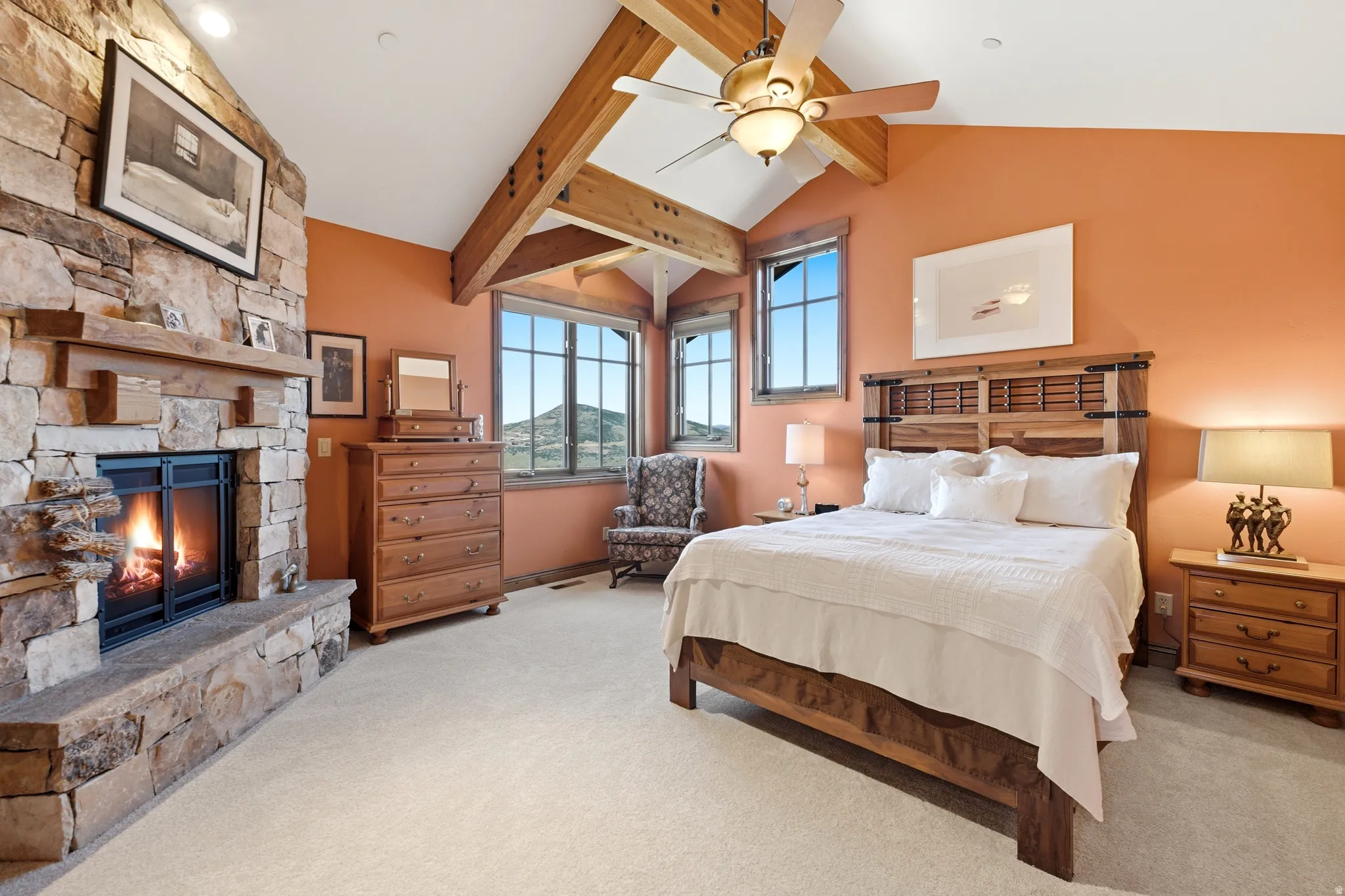 Vaulted ceilings featuring exposed wood beams