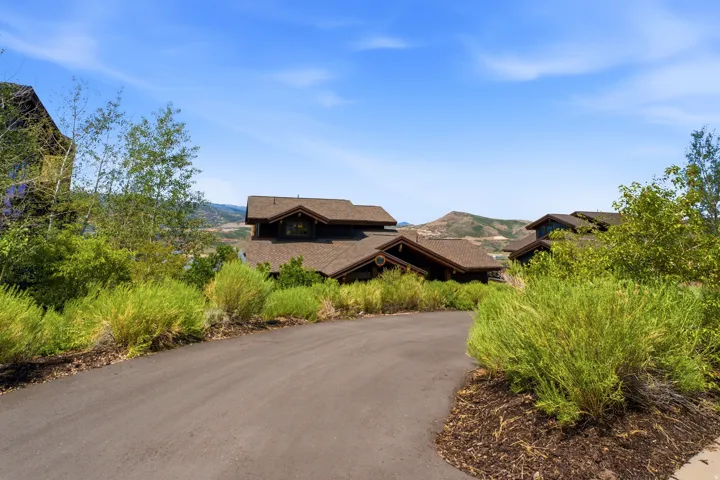 Paved driveway providing access to a multi-level property with dark brown roofing and natural wood siding, surrounded by mature landscaping and distant mountain scenery