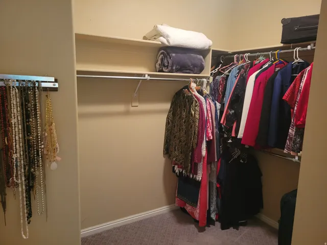 Walk-in closet featuring carpet flooring, built-in shelving, and multiple clothing rods