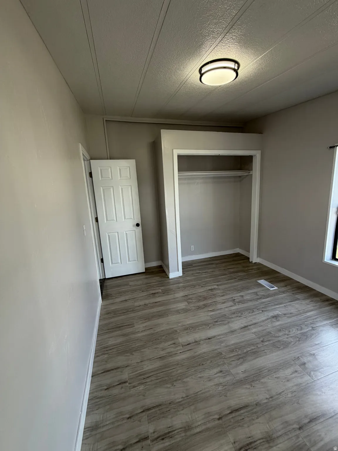 Spacious room featuring wood-finish flooring, a built-in closet with hanging rod, a ceiling-mounted light fixture, and a paneled interior door