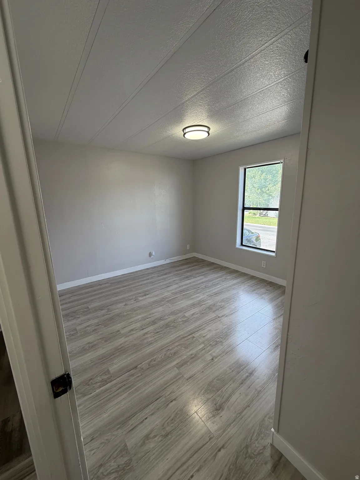 Spacious room featuring wood-finish flooring, light grey painted walls, and a contemporary ceiling light fixture