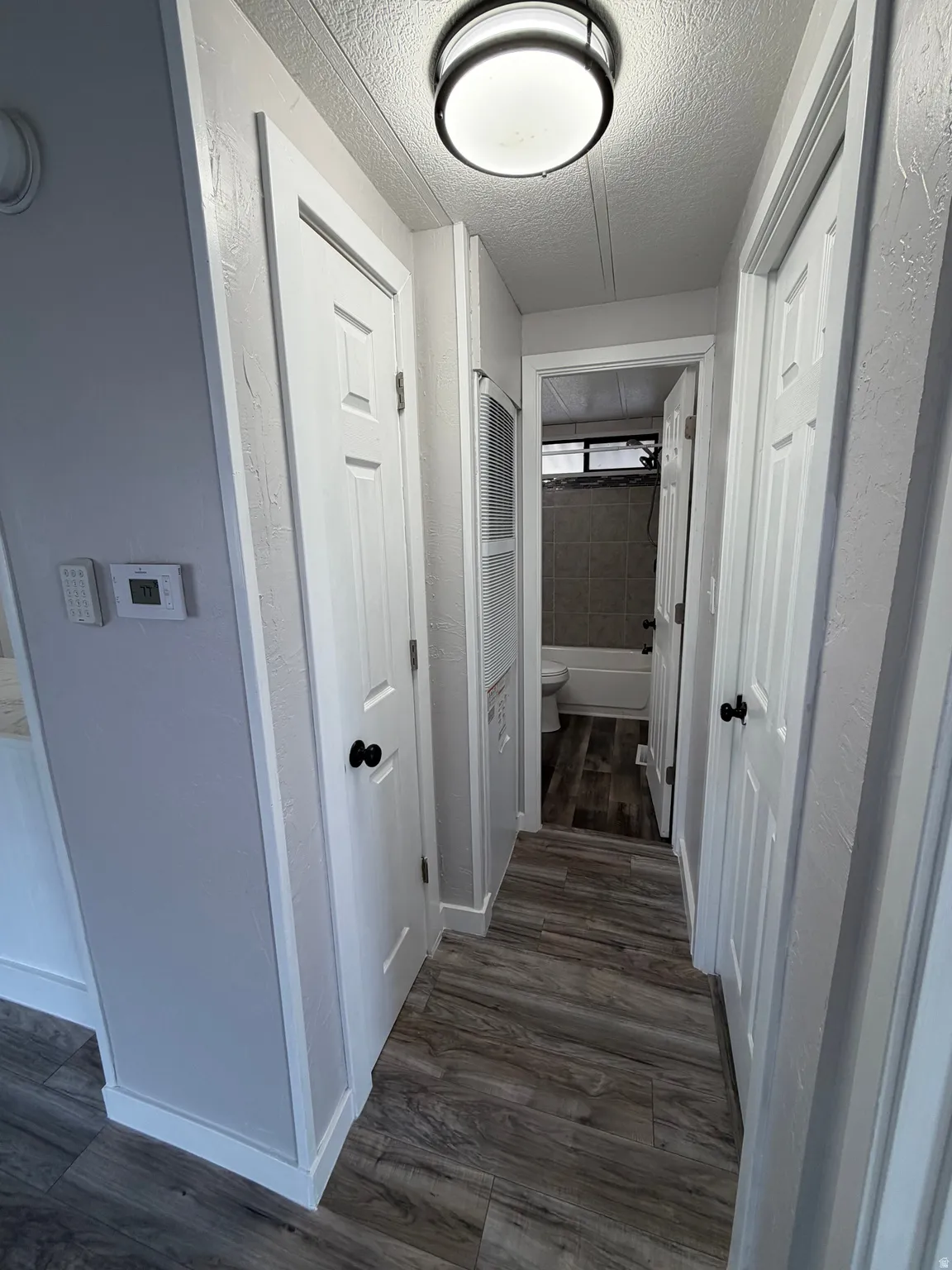 Hallway with wood-finish flooring, white panel doors, and a ceiling-mounted light fixture