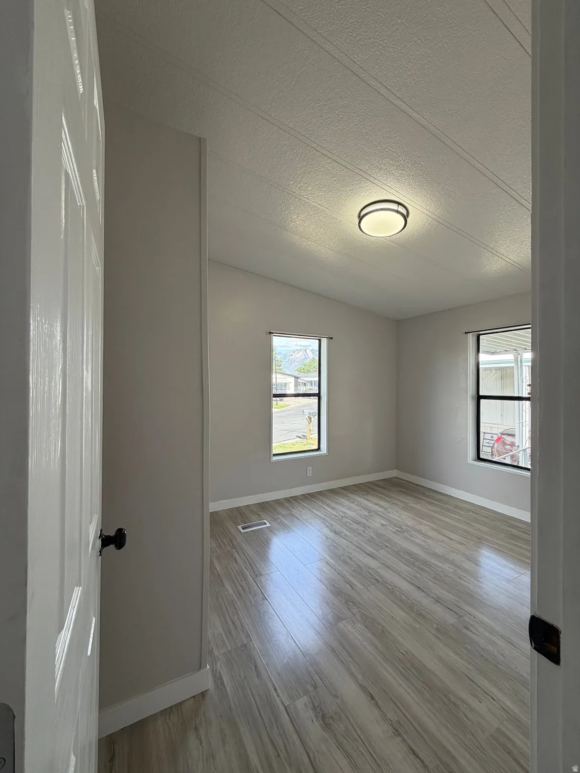 Bright room featuring wood-finish flooring, two windows, a vaulted ceiling, and a modern flush-mount light fixture
