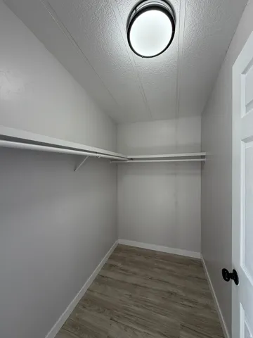 Walk-in closet featuring wood-finish flooring, white baseboards, and a semi-flush mount ceiling light