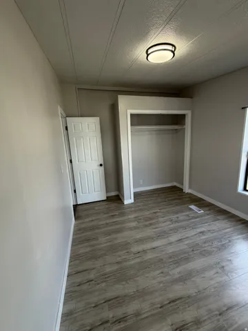 Spacious room featuring wood-finish flooring, a built-in closet with hanging rod, a ceiling-mounted light fixture, and a paneled interior door