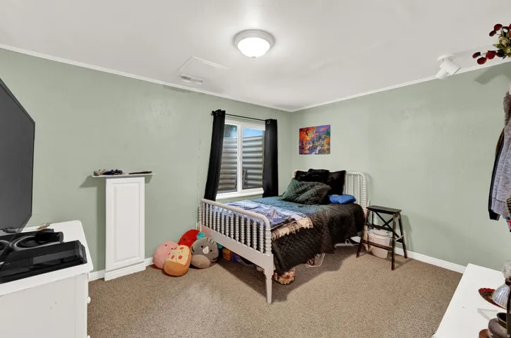Carpeted room featuring light green walls and a white ceiling with a flush-mount light fixture