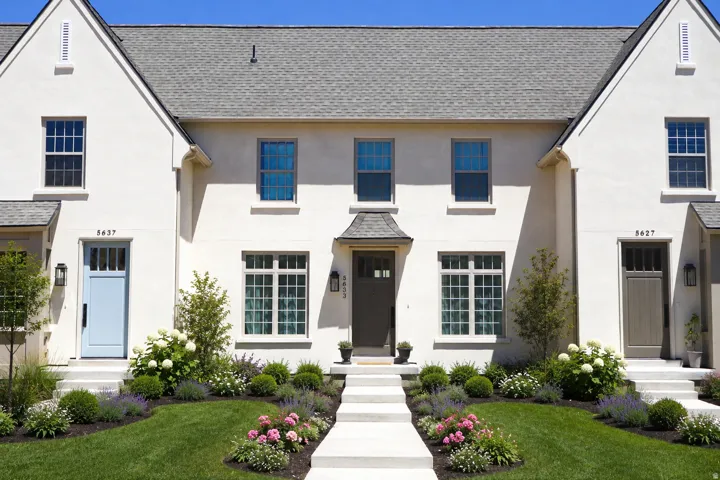Exterior facade featuring white stucco, gray shingle roofing, and multiple windows with white grilles