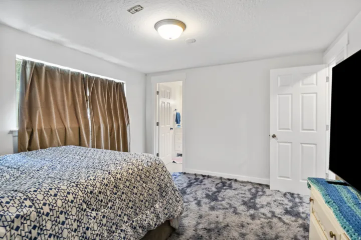 Spacious room with plush gray and white patterned carpeting, white walls, and a large window