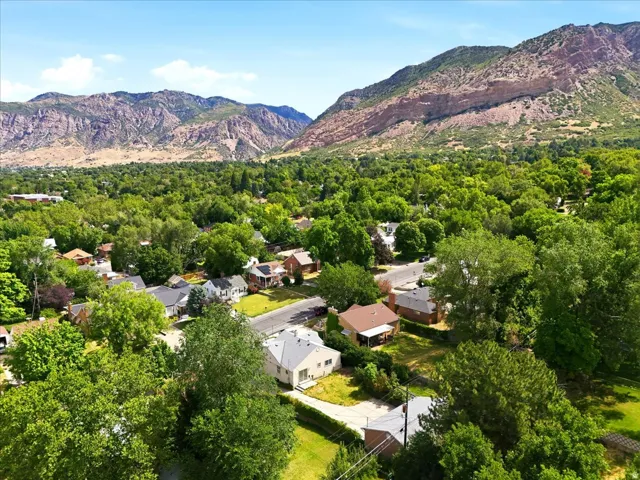 Aerial perspective showcasing a residential neighborhood with abundant mature trees and mountainous terrain