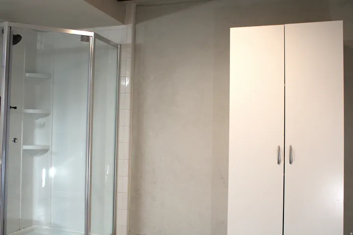 Shower enclosure with clear glass doors and interior shelving and linen closet