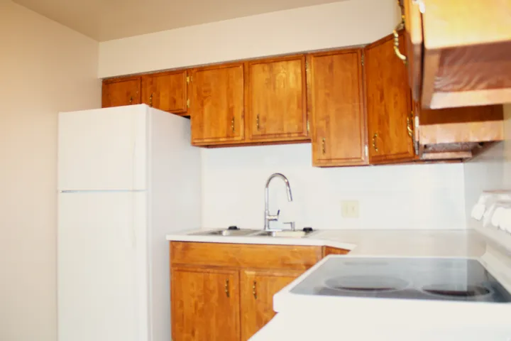 Kitchen featuring wood cabinetry, white countertops, stainless steel sink with gooseneck faucet, white refrigerator, and white electric range