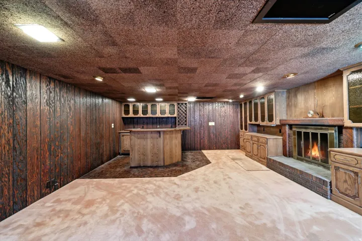 Spacious room featuring wood paneling, built-in wet bar with cabinetry and wine rack, brick-surround fireplace, and light-toned carpet flooring