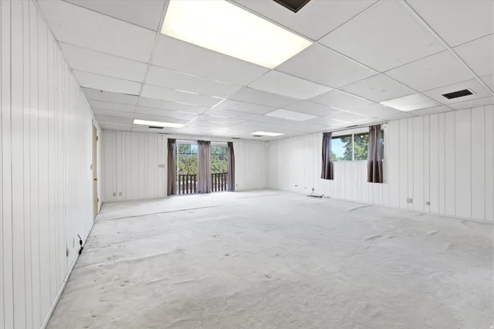 Spacious room with white vertical paneling and light-colored carpet flooring